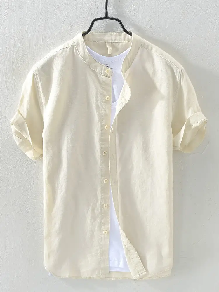 Men Navy Blue Stand-Up Collar Shirt Small - Image 5