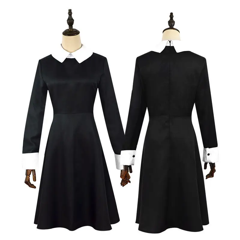 Black Long Sleeve Dress with White Collar for Girls Cosplay