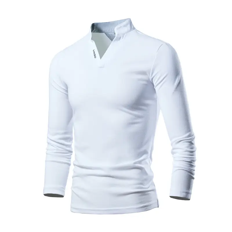 Men Long Sleeve Collar T-Shirt White - Image 6