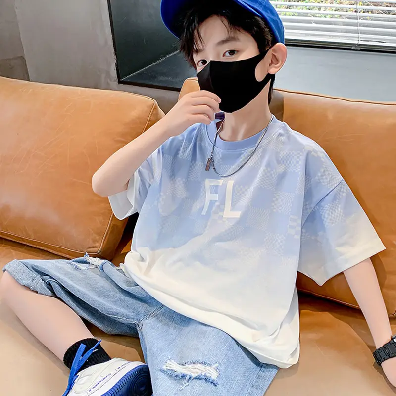 Boys Cotton T-Shirt Medium Blue FL Print - Image 6