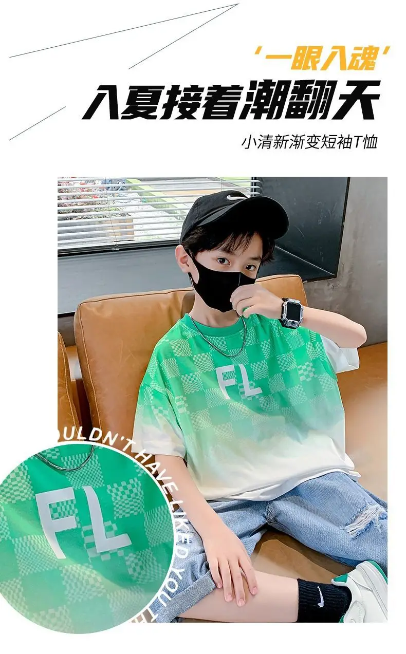 Boys Cotton T-Shirt Medium Blue FL Print — feature 10