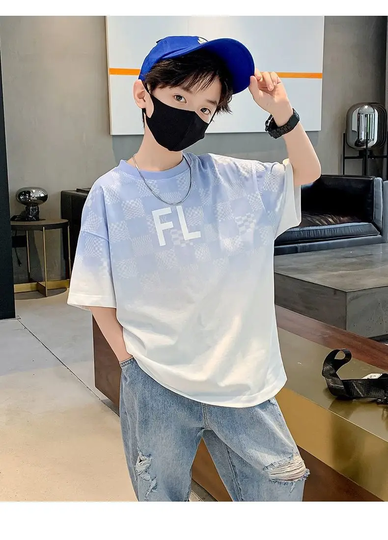 Boys Cotton T-Shirt Medium Blue FL Print — feature 17