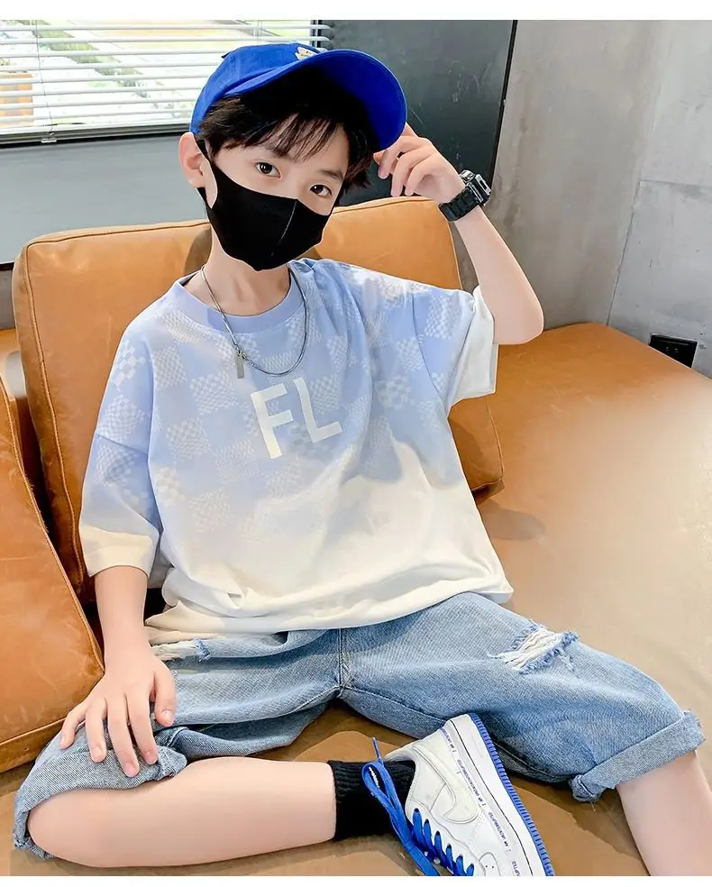 Boys Cotton T-Shirt Medium Blue FL Print — feature 6