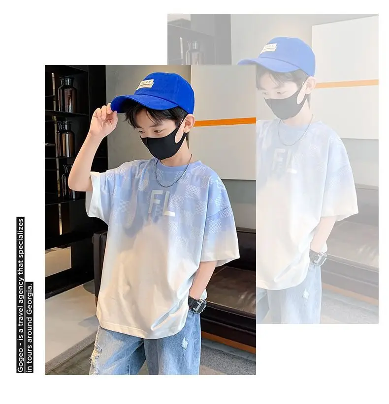 Boys Cotton T-Shirt Medium Blue FL Print — feature 7