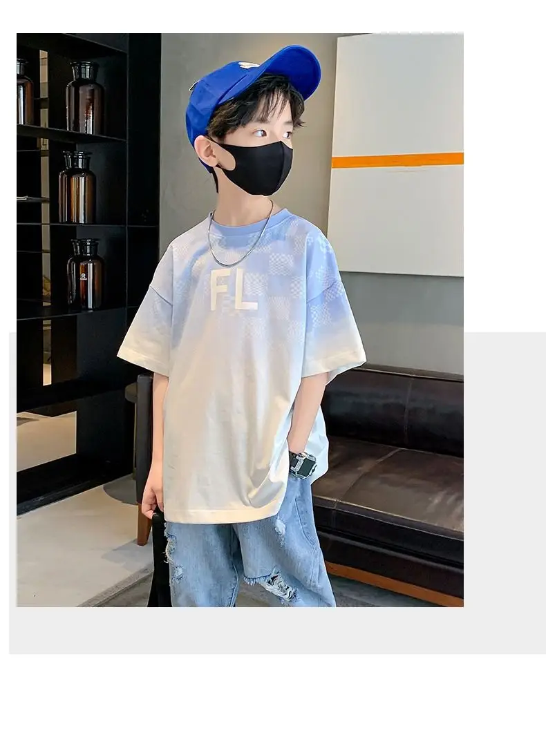 Boys Cotton T-Shirt Medium Blue FL Print — feature 8