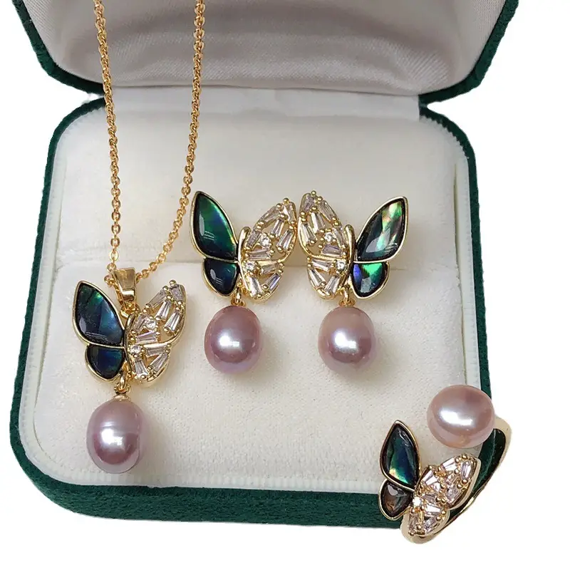 Women's Butterfly Pearl Necklace Set with Earrings