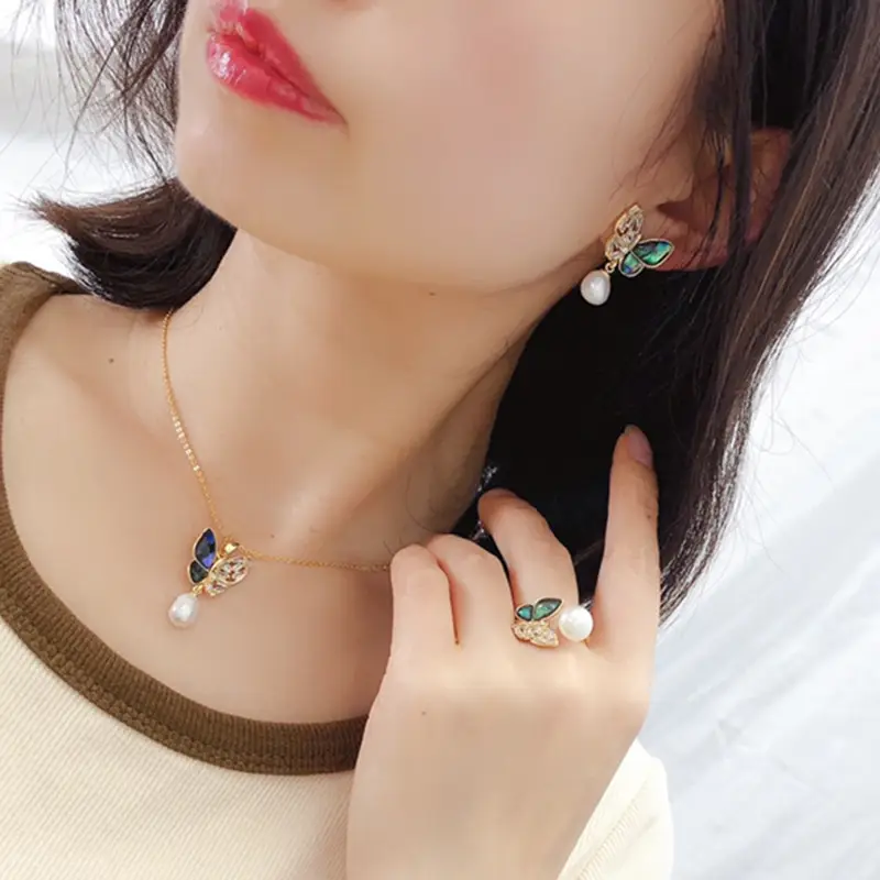Women's Butterfly Pearl Necklace Set with Earrings