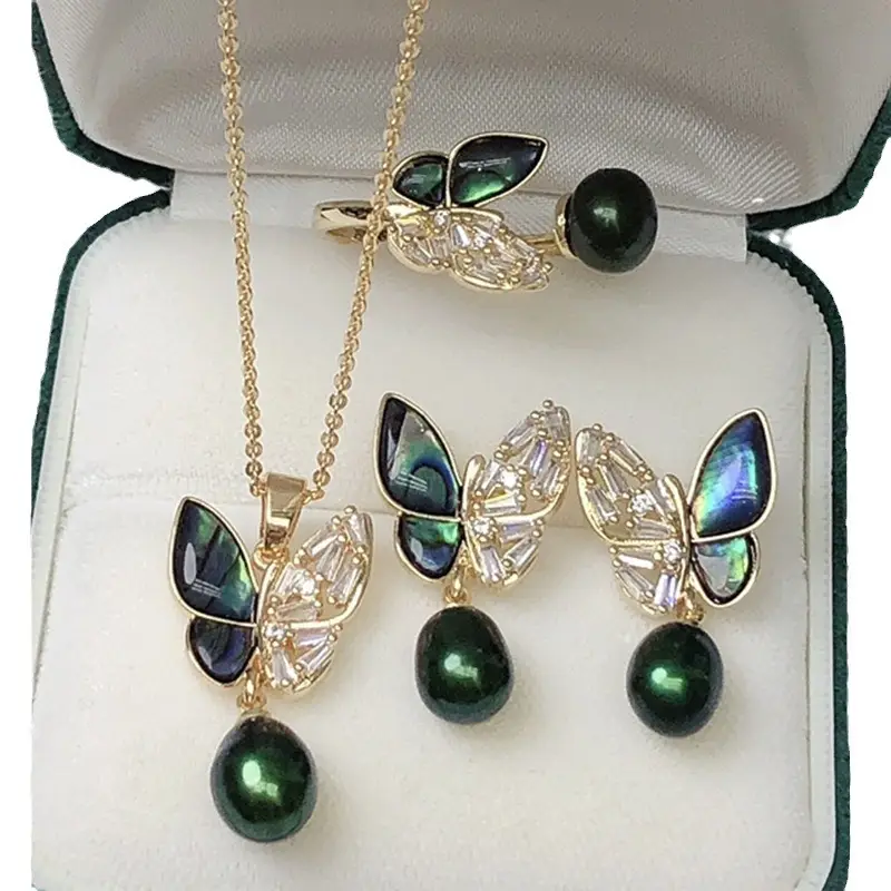 Women's Butterfly Pearl Necklace Set with Earrings
