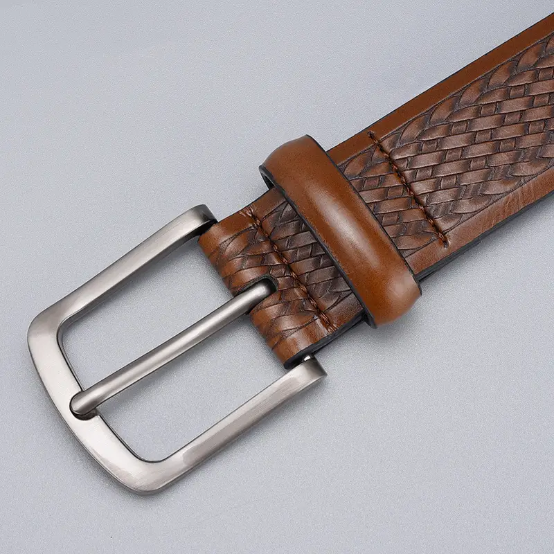 Men's Embossed Brown Belt with Zinc Alloy Buckle - Image 5
