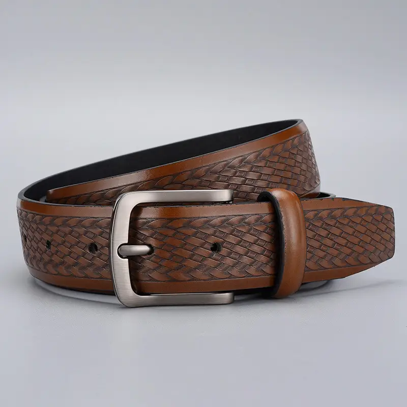Men's Embossed Brown Belt with Zinc Alloy Buckle - Image 6