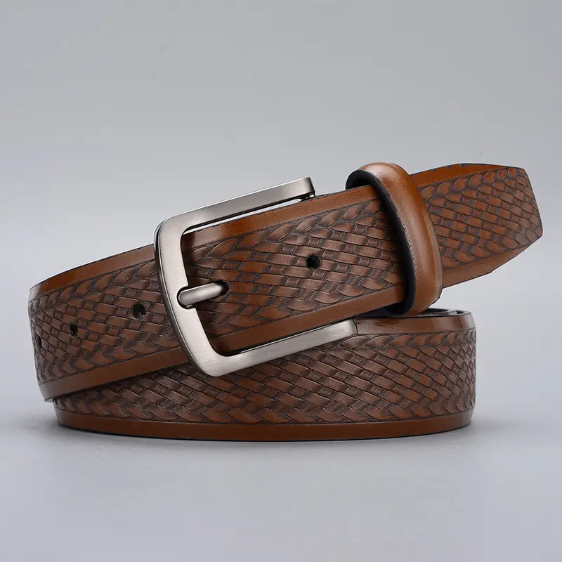 Men's Embossed Brown Belt with Zinc Alloy Buckle - Image 2