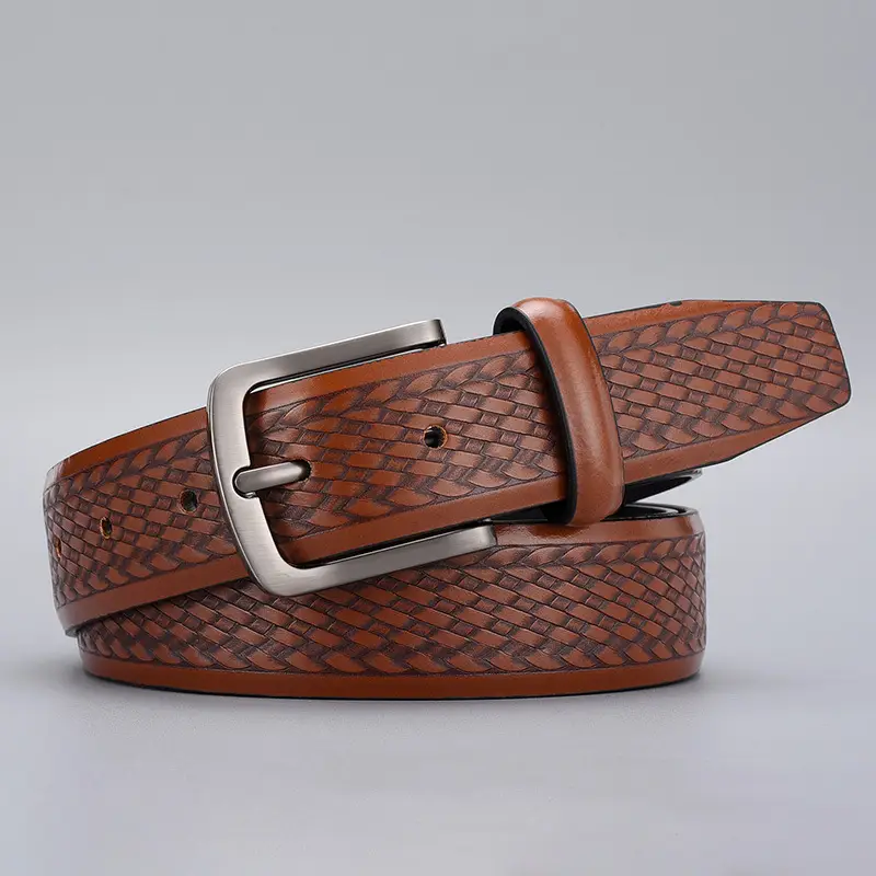 Men's Embossed Brown Belt with Zinc Alloy Buckle - Image 3