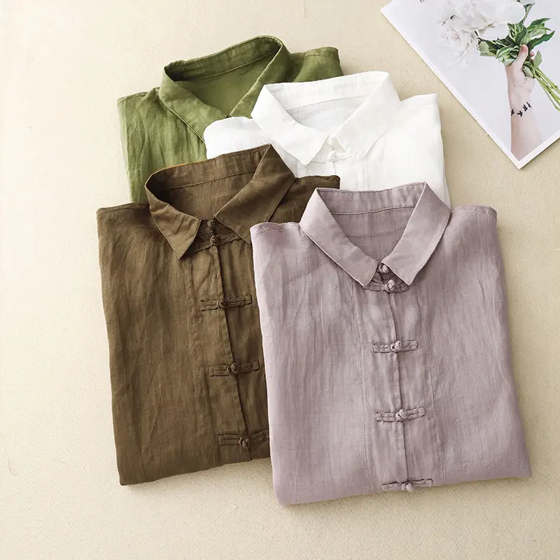 Women Chinoise Button Shirt Brown Short Sleeve - Image 2