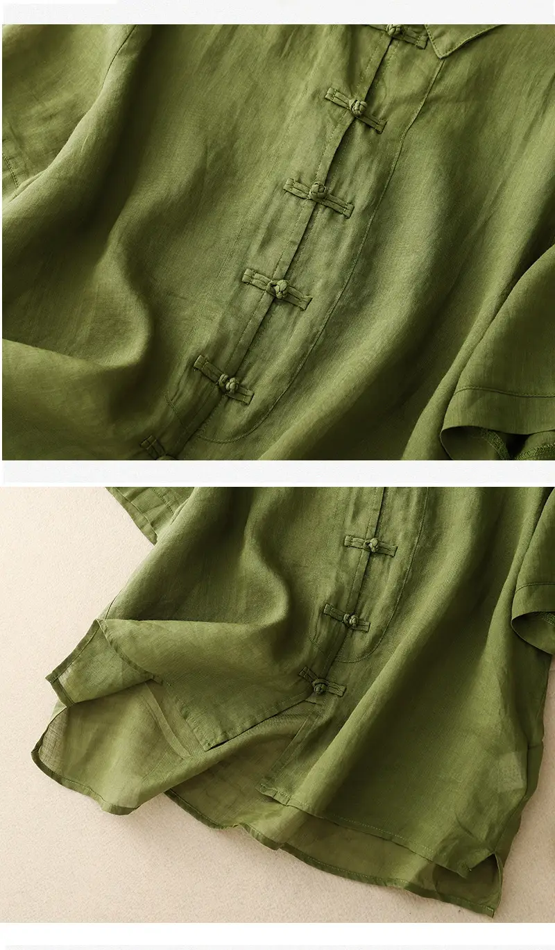 Women Chinoise Button Shirt Brown Short Sleeve — feature 11