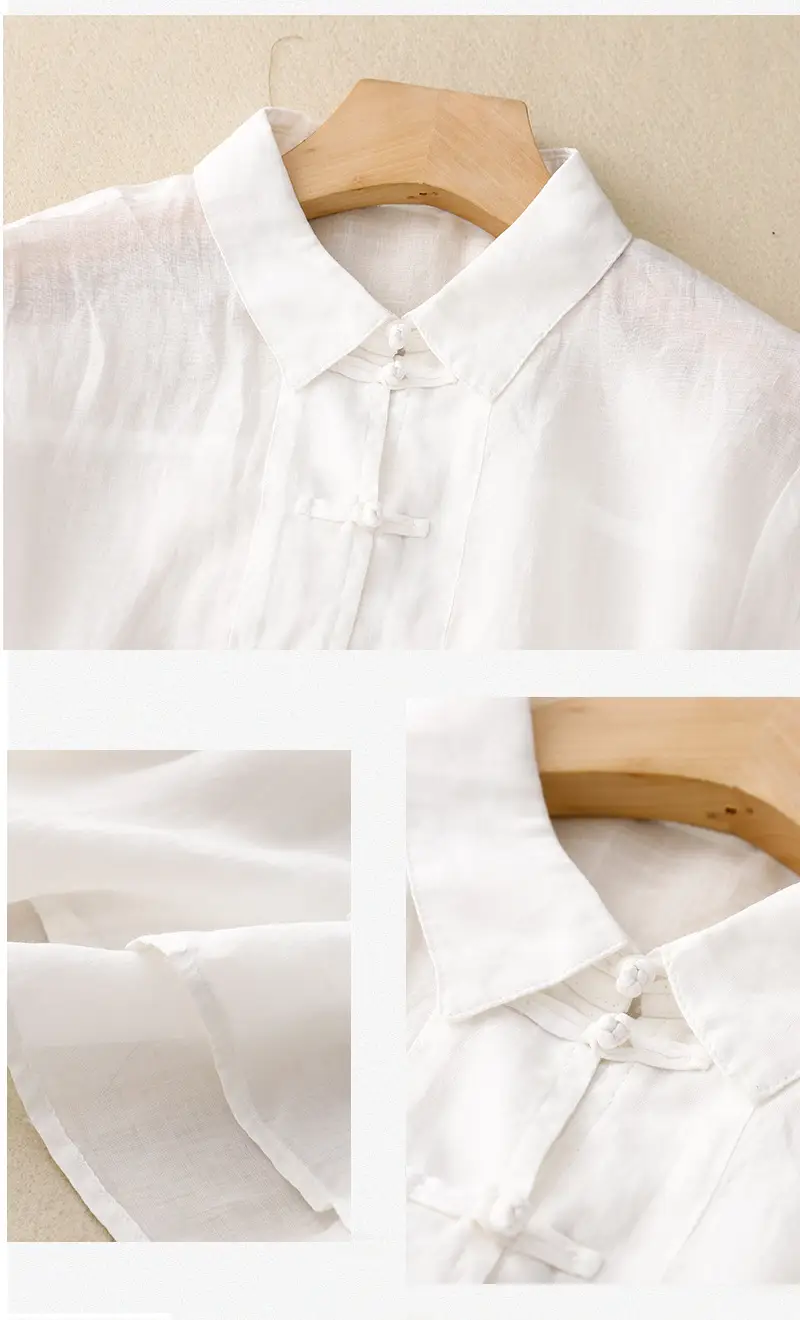 Women Chinoise Button Shirt Brown Short Sleeve — feature 13