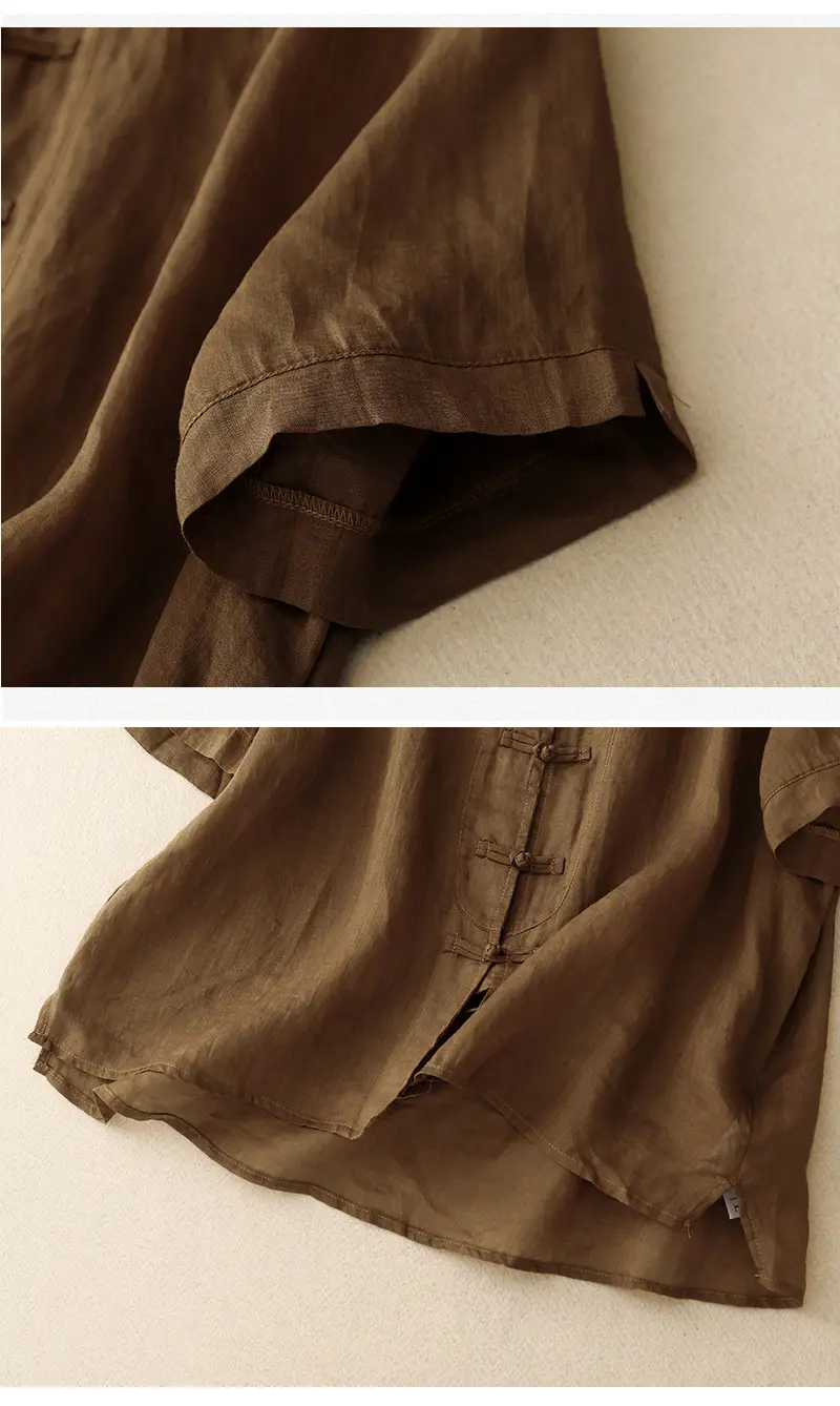 Women Chinoise Button Shirt Brown Short Sleeve — feature 17