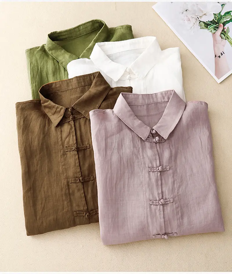 Women Chinoise Button Shirt Brown Short Sleeve — feature 2