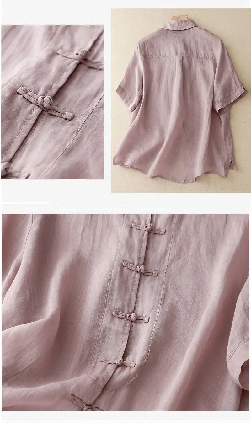Women Chinoise Button Shirt Brown Short Sleeve — feature 6