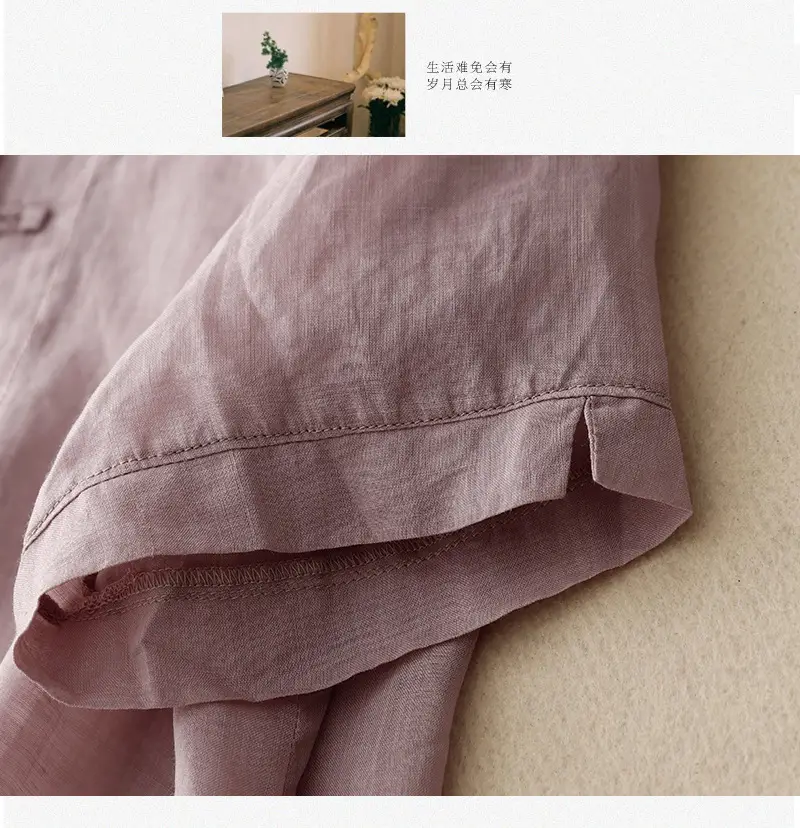 Women Chinoise Button Shirt Brown Short Sleeve — feature 7