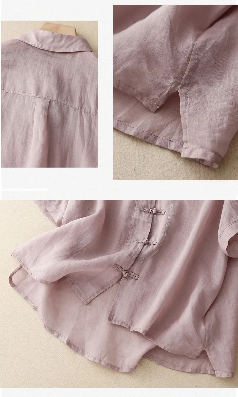 Women Chinoise Button Shirt Brown Short Sleeve — feature 8