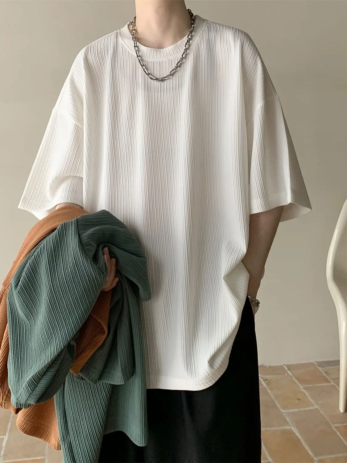 Dark Green Ice Silk T-Shirt Men's Summer Loose Fit - Image 8
