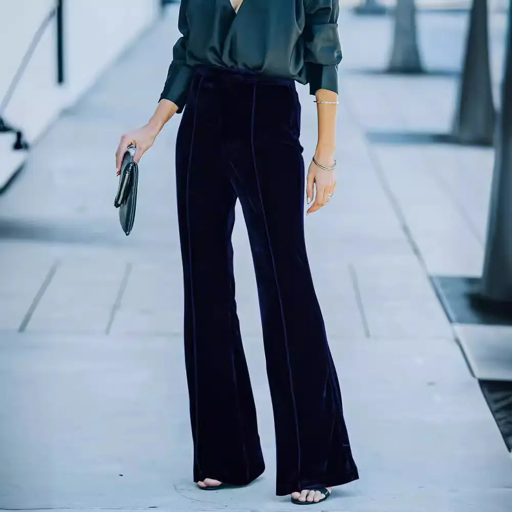 Black Velvet Flared High-Waist Pants for Women