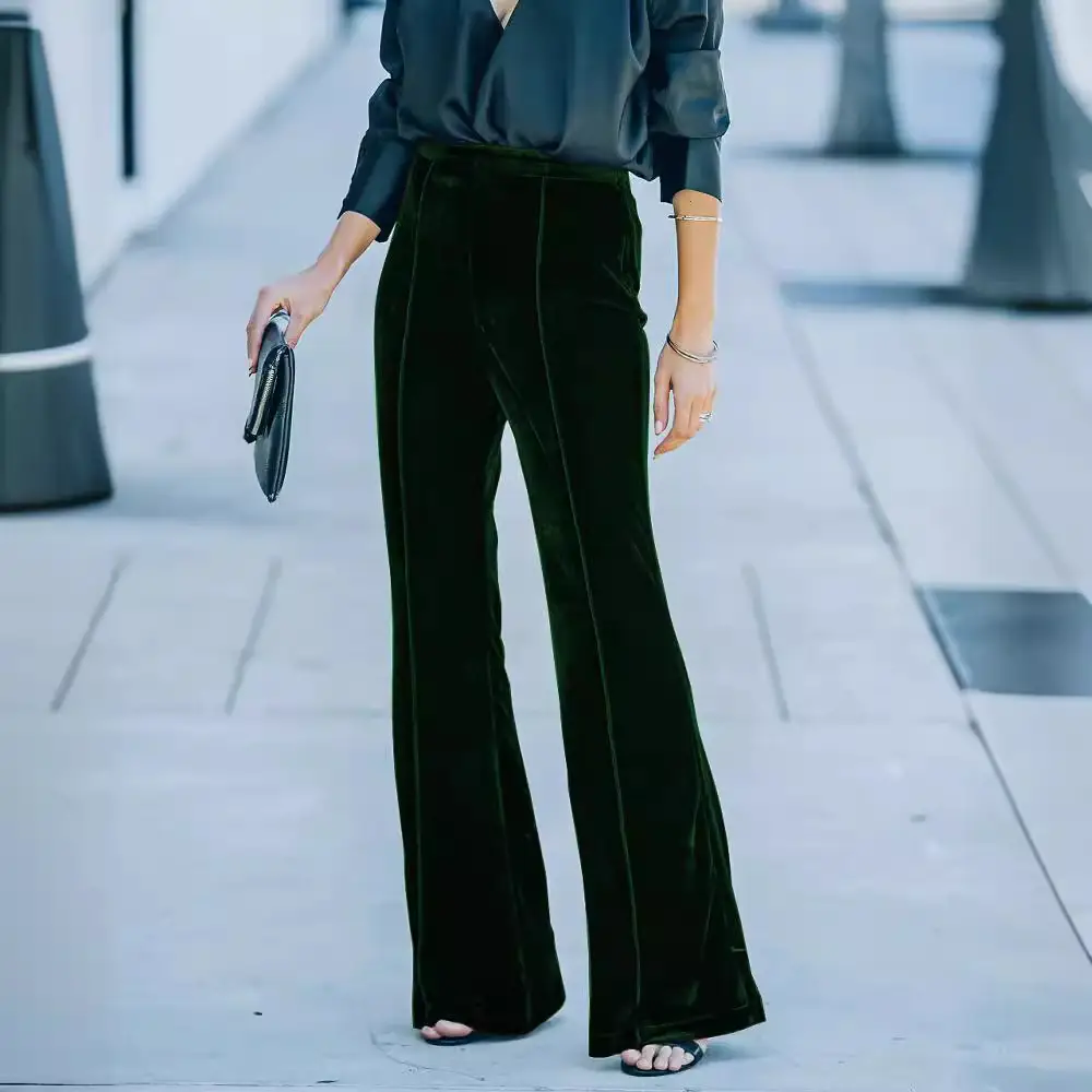 Black Velvet Flared High-Waist Pants for Women