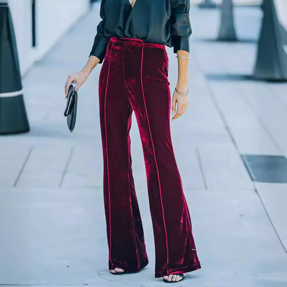 Black Velvet Flared High-Waist Pants for Women