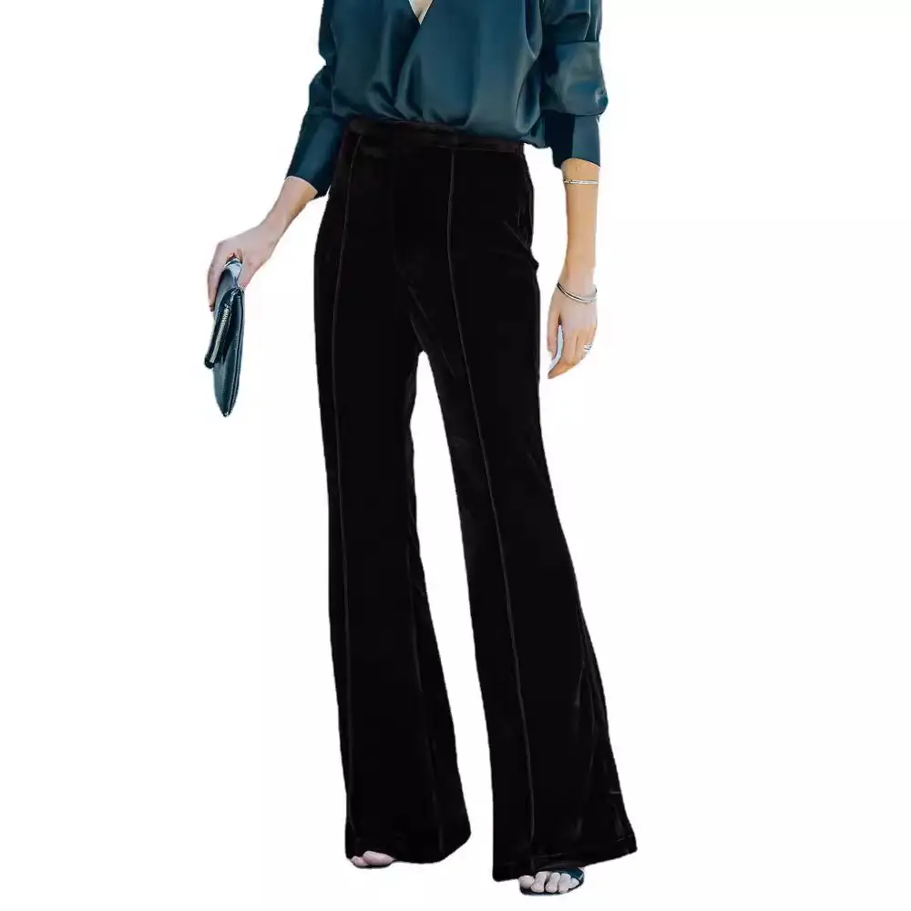Black Velvet Flared High-Waist Pants for Women