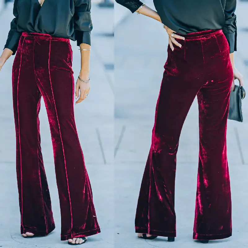 Black Velvet Flared High-Waist Pants for Women — feature 10