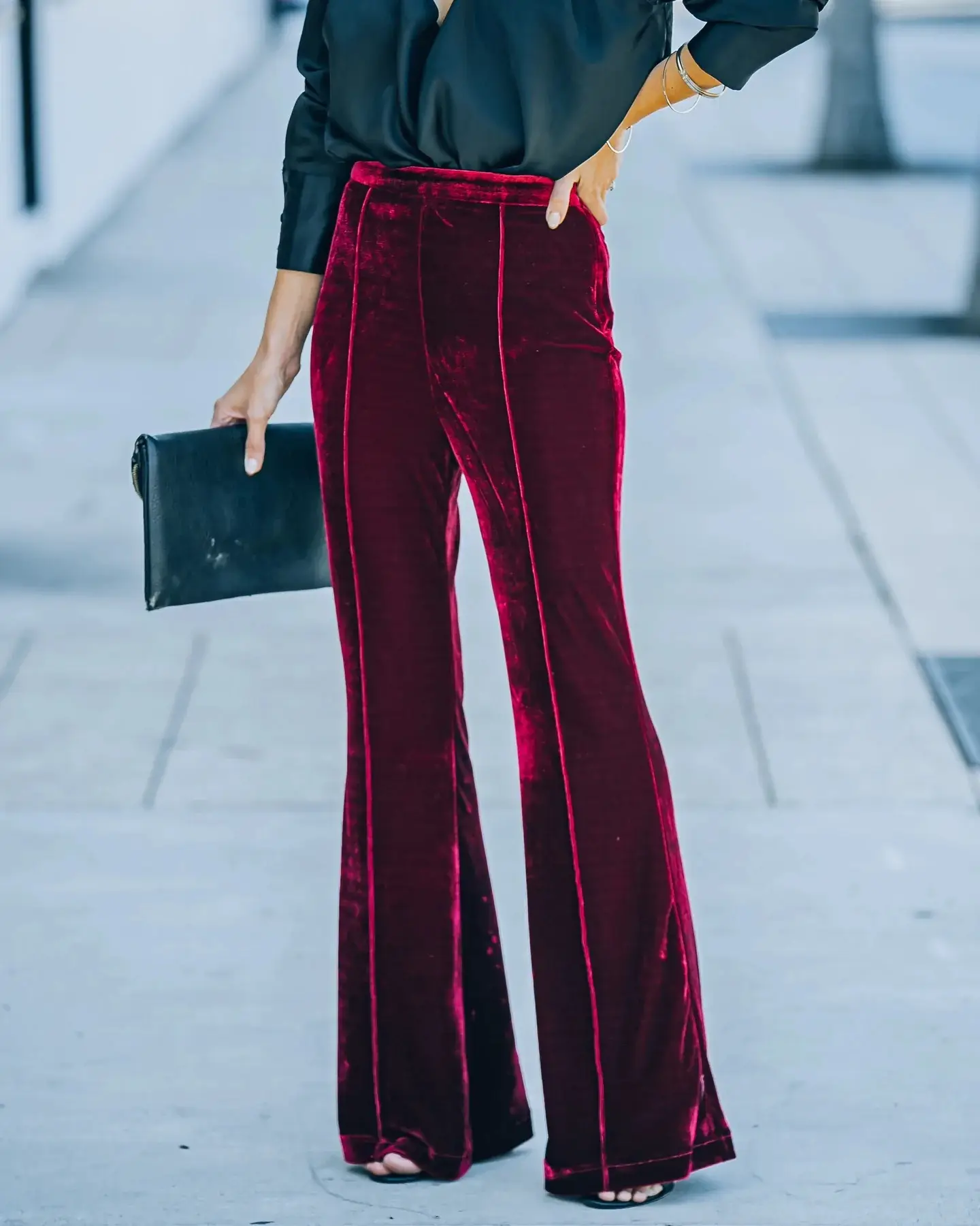Black Velvet Flared High-Waist Pants for Women — feature 11