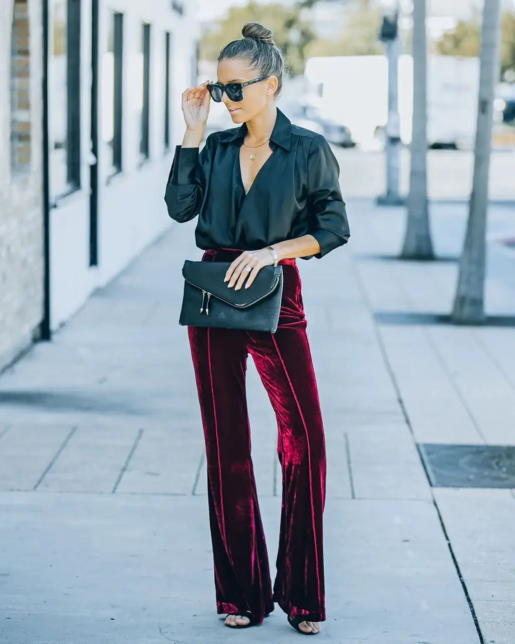 Black Velvet Flared High-Waist Pants for Women — feature 12