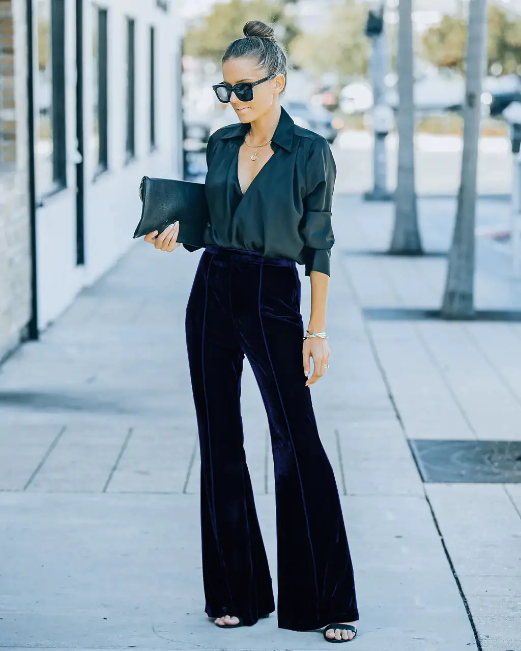 Black Velvet Flared High-Waist Pants for Women — feature 6