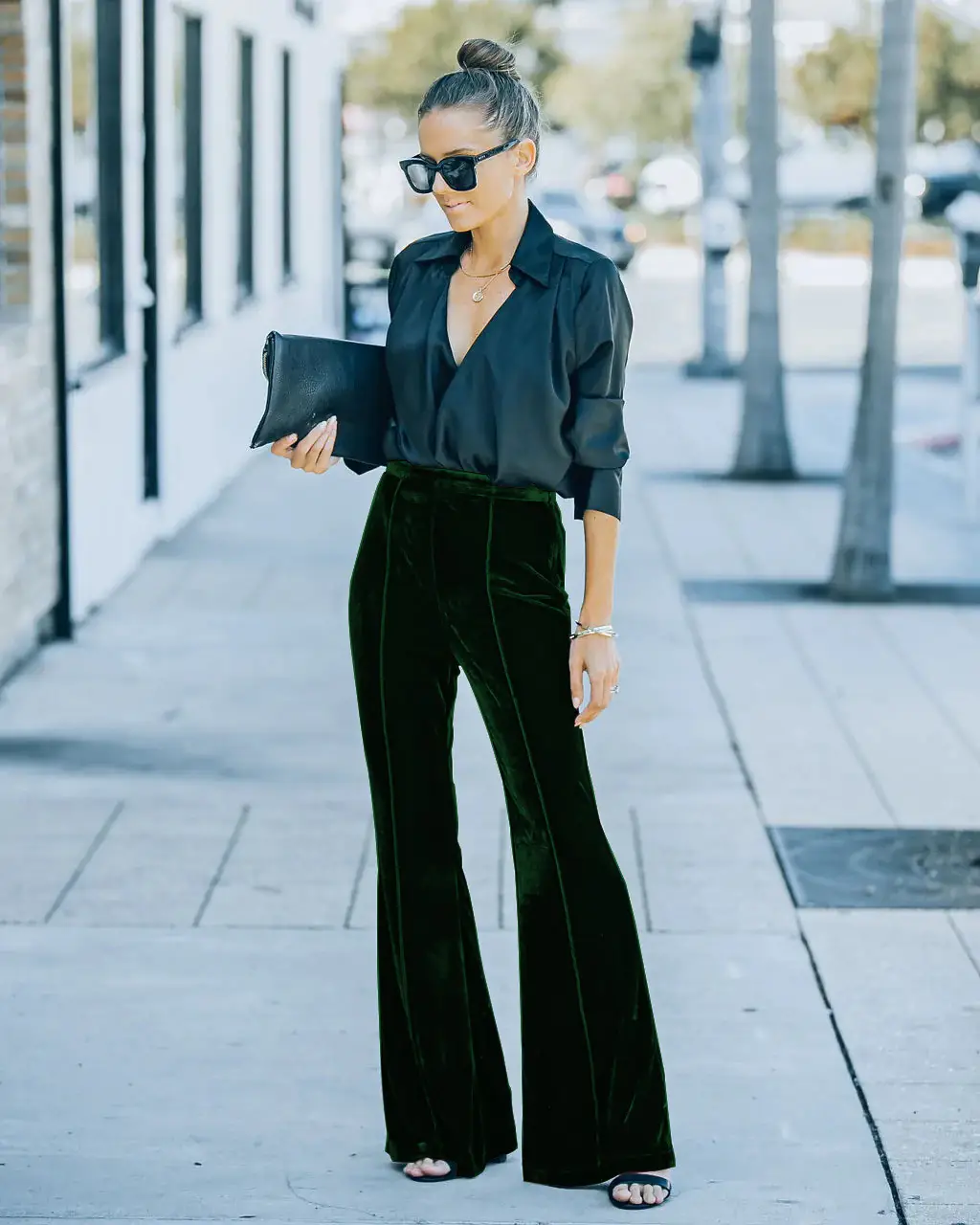 Black Velvet Flared High-Waist Pants for Women — feature 8