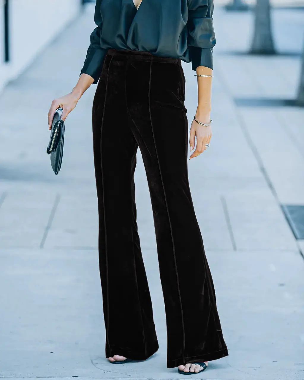 Black Velvet Flared High-Waist Pants for Women