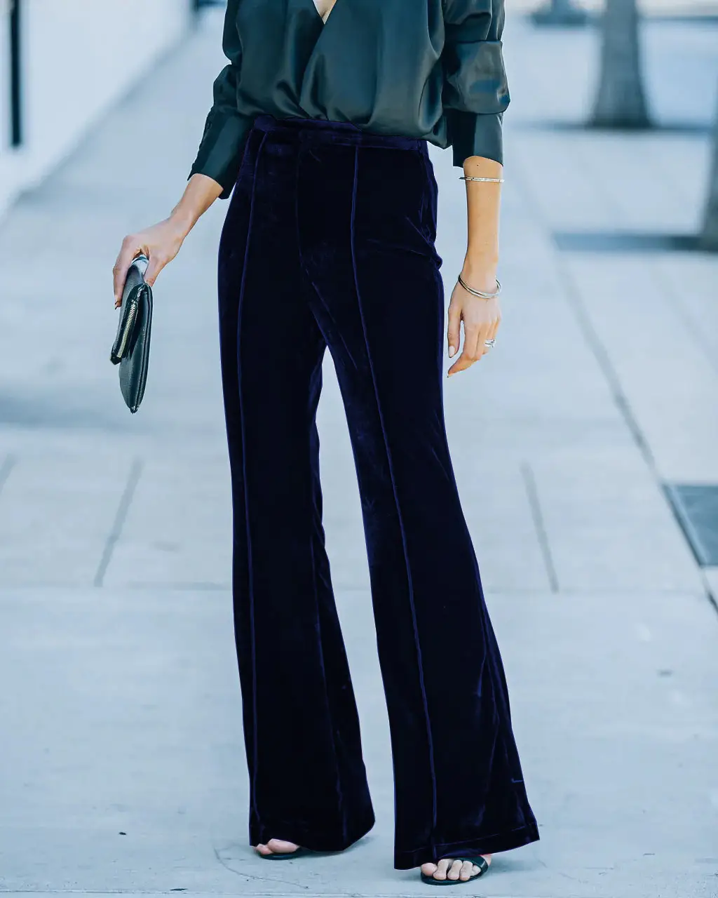 Black Velvet Flared High-Waist Pants for Women