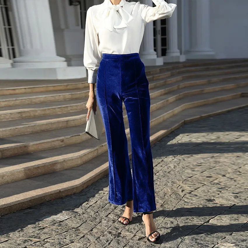 Black Velvet Flared High-Waist Pants for Women