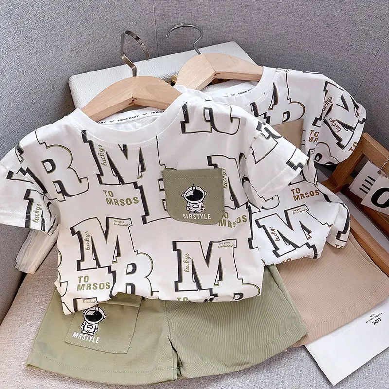 Boys 2-Piece Summer Suit White M Print Shorts Set - Image 3