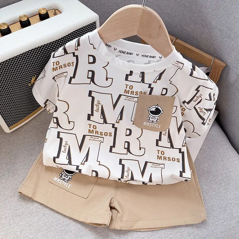 Boys 2-Piece Summer Suit White M Print Shorts Set - Image 4