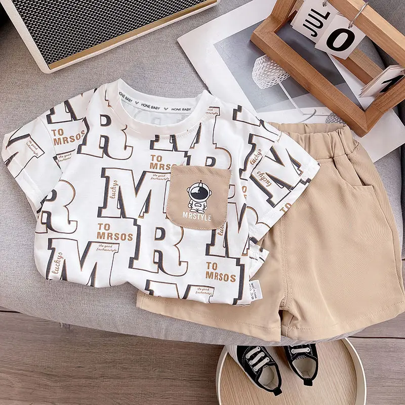 Boys 2-Piece Summer Suit White M Print Shorts Set - Image 5