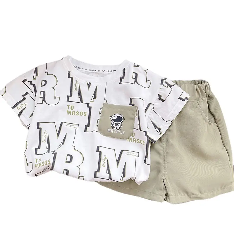 Boys 2-Piece Summer Suit White M Print Shorts Set - Image 6