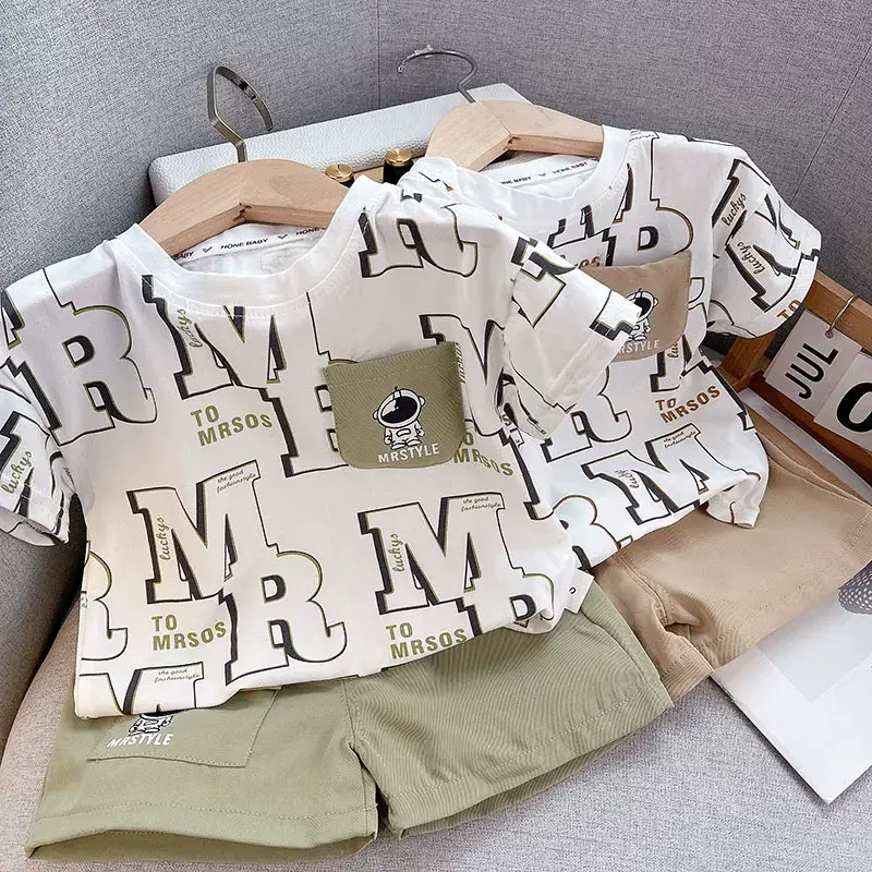 Boys 2-Piece Summer Suit White M Print Shorts Set — feature 1