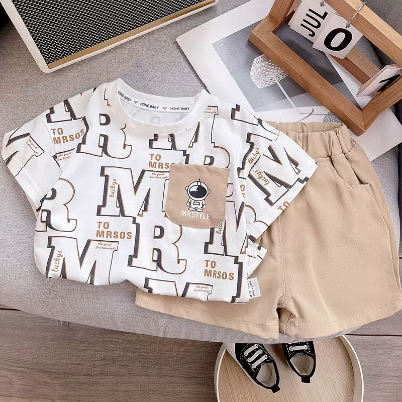 Boys 2-Piece Summer Suit White M Print Shorts Set — feature 3