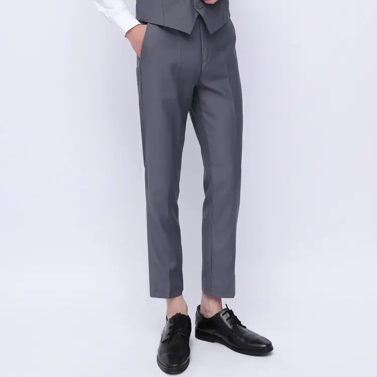 Men's Grey Slim Fit Cropped Trousers Business Casual