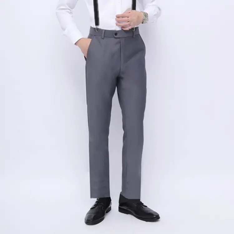 Men's Grey Slim Fit Cropped Trousers Business Casual