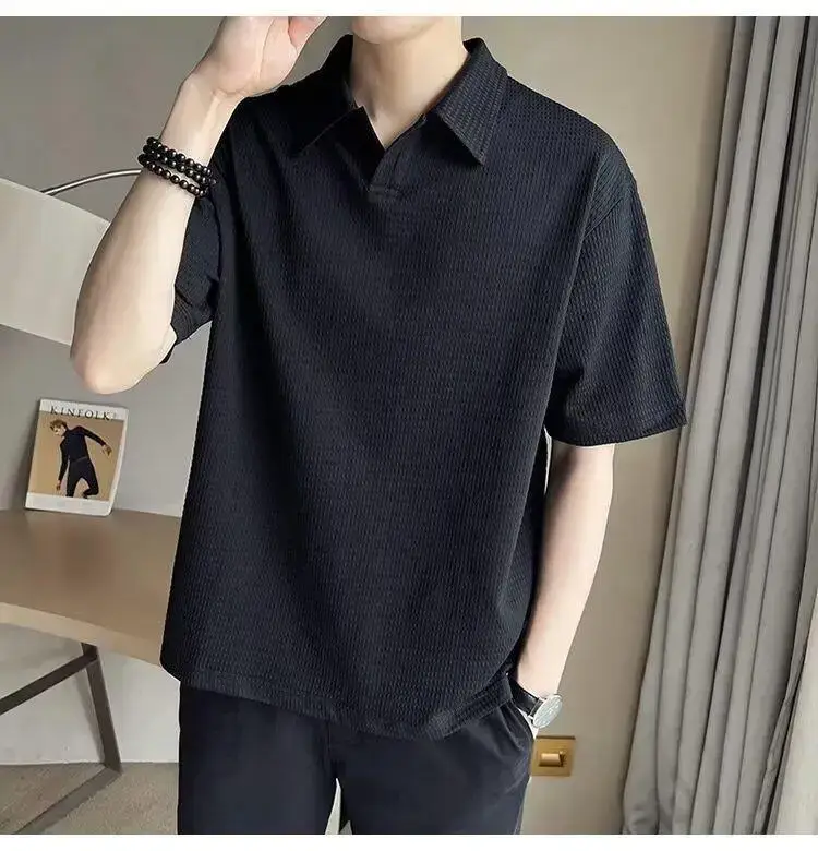 Men Black Polo T-Shirt Short Sleeve Collar - Image 7