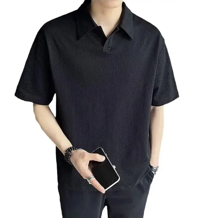 Men Black Polo T-Shirt Short Sleeve Collar - Image 8