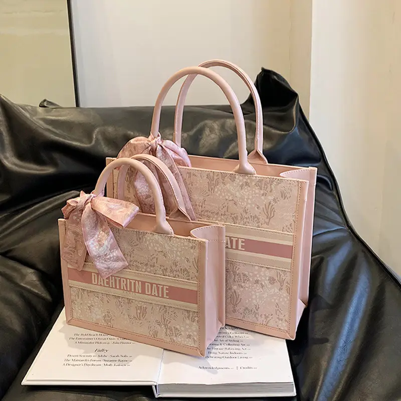 Women Embroidered Pink Tote Bag with Bow