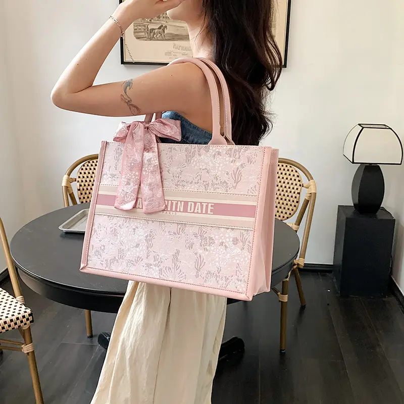 Women Embroidered Pink Tote Bag with Bow