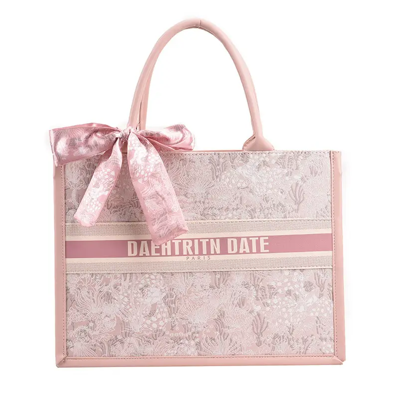 Women Embroidered Pink Tote Bag with Bow